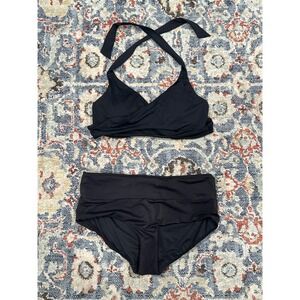 Athleta Bikini Swim Women 36 B/C Top / Med Bottoms Black Wrap Halter High Waist
